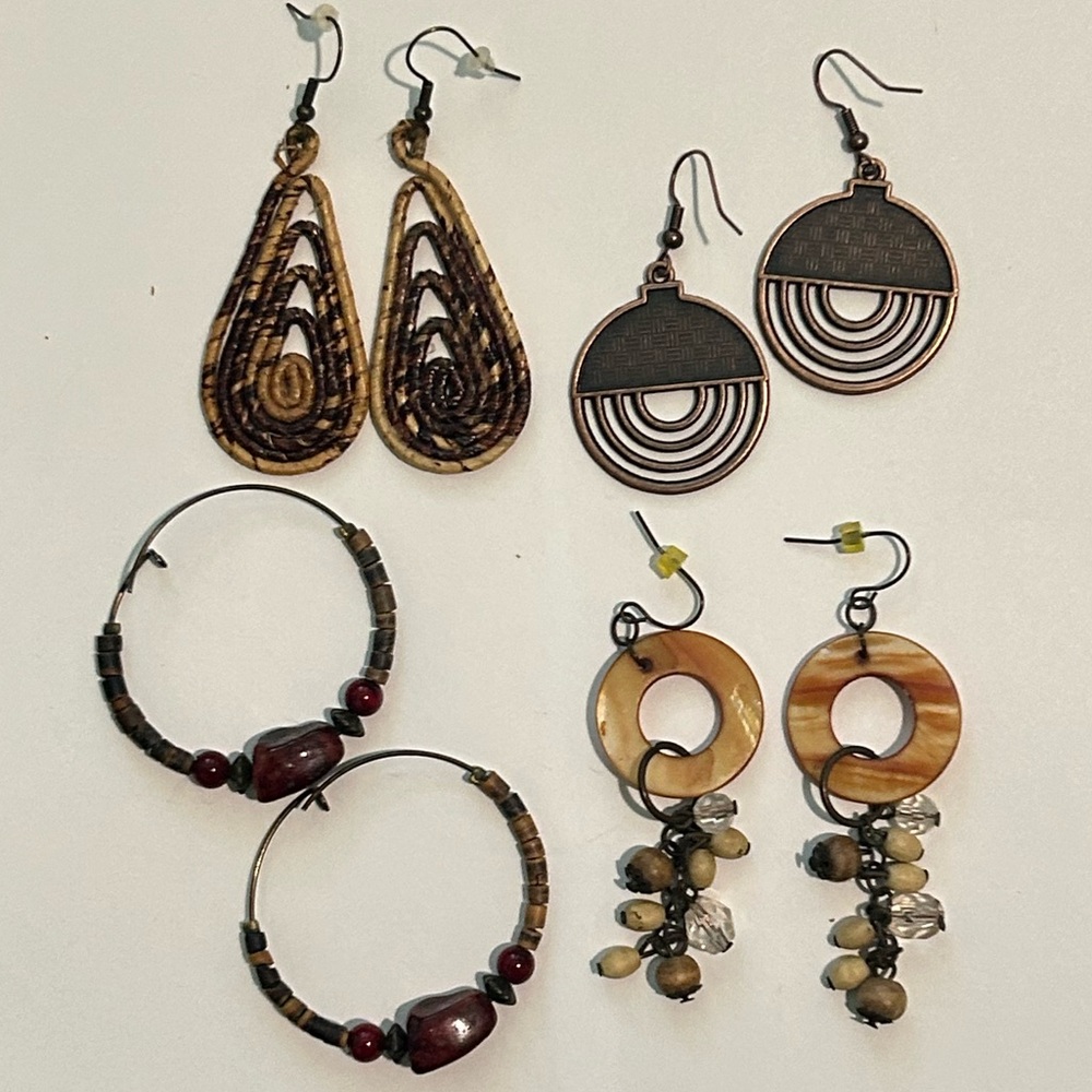 Bundle of 4 boho earrings neutrals rattan earthy dangle tribal artisan festival